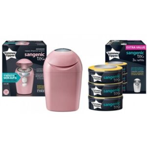Tommee Tippee Sangenic Tec Nappy Disposal Tub - Pink + Tec Nappy Cassette Row - Pack of 3